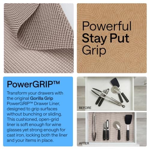 GORILLA GRIP powerGRIP Drawer Shelf and Cabinet Liner, Thick Strong Hold, Non-Adhesive Liners Protect Kitchen Cabinets and Cupboard, Bathroom Drawers, Easy Install, Breathable Mat, 12" x10', Beige — view 2