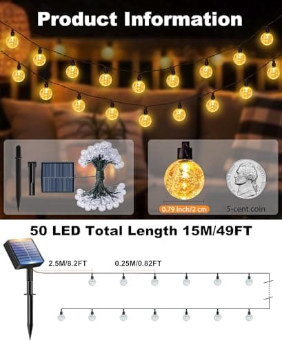 btfarm 49FT/15M Solar String Lights Outdoor, 50LED Solar Powered Patio Lights Outdoor Waterproof, 8 Modes Crystal Globe Lighting for Garden Fence Gazebo Tree Yard Porch Party Wedding Decor, Warm White — view 2