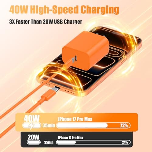 40W for iPhone 17 16 Pro Max Charger Fast Charging,2Pack USB C Fast Charger Block with Long 10FT+6FT C to Type C Cable for iPhone 17 Air/17E/17 16 15/16 15 Plus/17 16 15Pro/17 16 Pro Max(White+Orange)