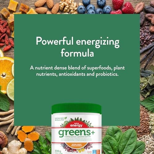 Genuine Health Greens Extra Energy - Supports Energy, Endurance & Brain Health - Superfood Greens Powder with Natural Caffeine - Natural Orange, 399g (30 Servings) — view 2