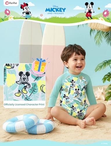 Disney Mickey Mouse Baby Boys Swimsuit Toddler Bathing Suit UPF 50+ Zipper Long Sleeves Summer Swimming Mint Green 12-18M