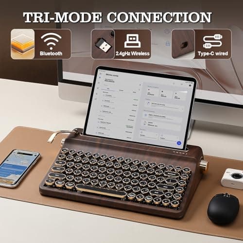 YUNZII QL75 Wireless Typewriter Hot Swap Retro Mechanical Keyboard,Punk Round Keycaps,RGB Backlit QMK/VIA Programmable, Multi-Device Keyboard with 2.4GHz/Type-C/BT5.0 (Wood, Cocoa Cream V2 Switch) — view 3