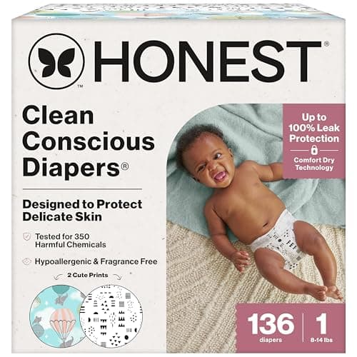 The Honest Company Comfort Dry Disposable Daytime Diapers for Sensitive Skin, Hypoallergenic, Above It All + Pattern Play, Super Club Box Size 1 (8–14 lbs) 136