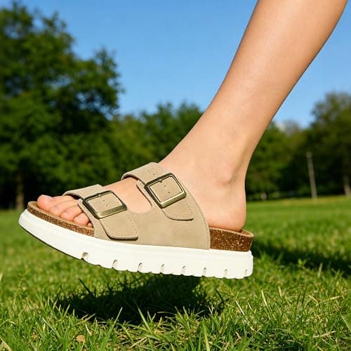 Hofeny Platform Sandals for Women – Genuine Leather Chunky Wedge Slides with Cork Footbed, Arch Support Comfortable Summer Sandals 2026 Sand Size 8 — view 6
