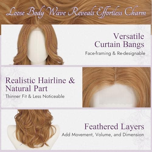 BARSDAR Short Wavy Natural Red Wig - Shoulder Length Wavy Ginger Wigs for Women - Short Body Wave Auburn Layered Wig with Face-Framing Curtain Bangs Soft Synthetic Natural Looking Daily Party — view 2
