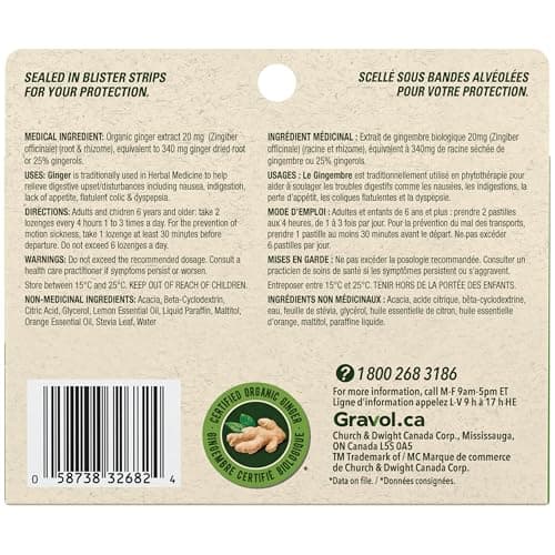 Gravol Ginger - Nausea & Upset Stomach Relief with Organic Ginger Extract - Chewable, Great Taste & Non-Drowsy - 20 Lozenges (Pack of 1) — view 6