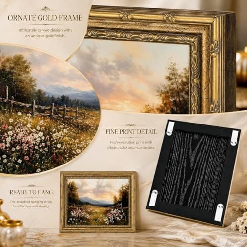 Vintage Gold Framed Wall Art, Retro Wildflower Canvas Print, Rustic Farmhouse Sunset Painting for Living Room, Bedroom, Office, 9x11 Inch — view 4