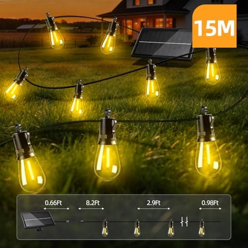 FUANXIEI Solar Lights Outdoor Patio Lights: S14 15M 50FT Solar Powered Remote Control 3 Light Modes Dimmable Solar Waterproof Light - Shatterproof Bulbs - Camping Backyard Garden Deck Outside Yard — view 6
