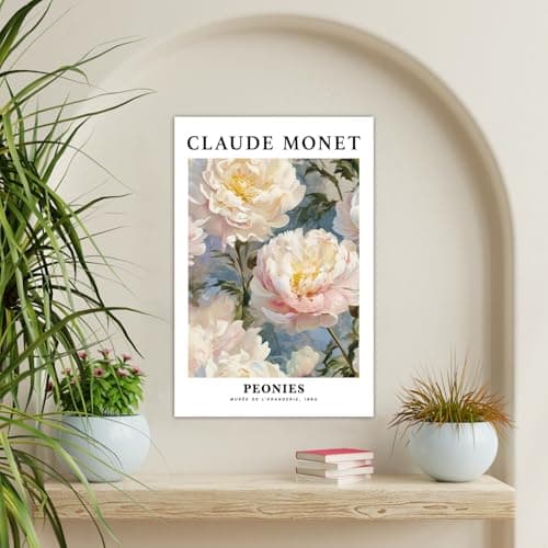 Vintage Peonies Wall Art Print Floral Canvas Poster White Pink Peony Flower Claude Monet Oil Painting Style Picture for Bedroom Wall Decor Elegant Art (Creamy Peonies,Framed,16x24inch(40x60cm)) — view 3
