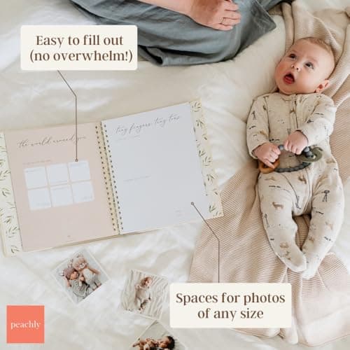 Peachly Unisex Memory Book | Minimalist First Year Keepsake for Milestones | Books First Year Memory Book | Simple Scrapbook for Boy Girl Milestones | Natural Linen - Olive — view 5