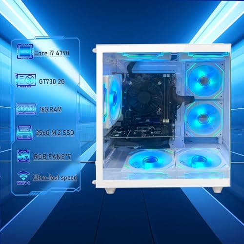Qehi Prebuilt Desktop PC,Core i7 Processor Up to 4.0GHZ | 16G RAM | 256G SSD | WiFi 6 | 7 RGB Fans | Ready to use Computer Tower for Home and Office-White — view 2