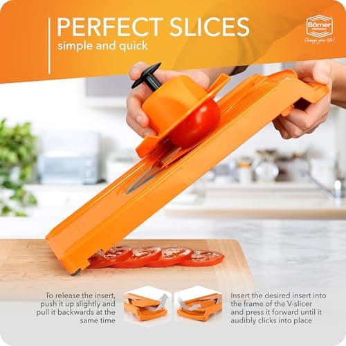 Mandoline Food Slicer Börner V3 (Profi Set) by Reston Lloyd • V-Slicer with 4 Inserts, Docking Station & Food Holder • Made in Germany • Fruit & Vegetable Chopper • Multiple Settings • Color: Orange — view 4