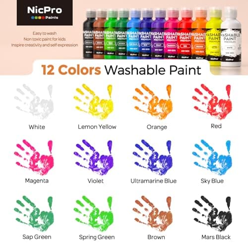 Nicpro 12 Colors Washable Finger Paint Set for Toddlers (2 oz), Non Toxic & Baby Safe Kids Paint with Paint Cups & Toddler Paintbrushes, Mess Free Art Supplies for Children Age 3 4 5 6+, Preschool Learning & Classroom Gifts — view 5