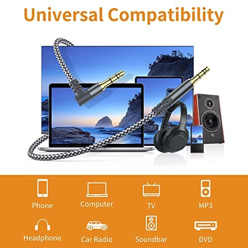 2 Pack Aux Cable, 3.3ft TRS Auxiliary Cables 90 Degree Right 3.5mm Nylon Braided 1/8 AUX Cord for Car Compatible with Stereos, Speaker, iPod iPad Smartphone, Headphones Sony,Echo Dot,Beats- Grey — view 2