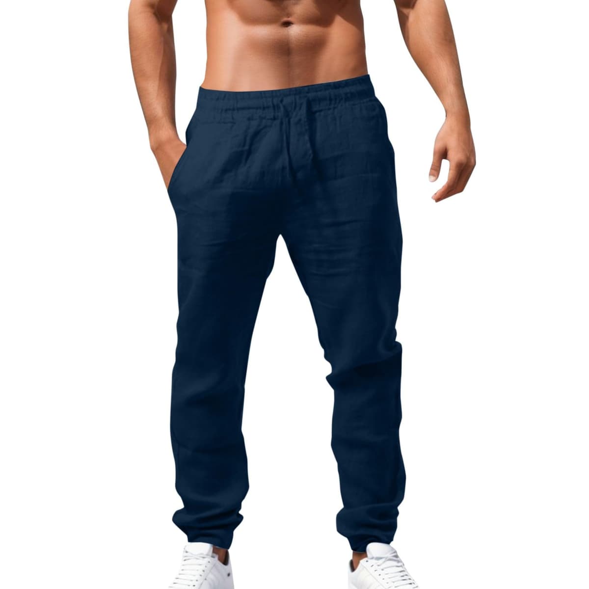 Men's Linen Pants Elastic Drawstring Pants Cotton Linen Breathable Solid Color Pants Casual Summer Pants Soft and Comfortable Men's Fitness Gym — view 4