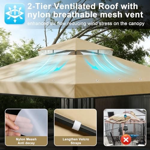 Gazebo 10'x10'Ft Canopy Replacement Top Cover,Waterproof UV50+ Patio Sun Shade Canvas with Two Tier Ventilated and Windproof Straps for Outdoor Backyard Garden(Only Top Cover，Khaki)