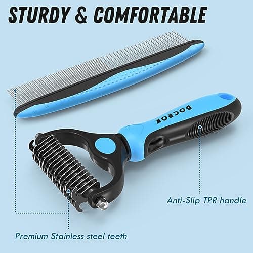 Docrok Pet Grooming Combo - Blue Deshedding Brush with Metal Comb for Detangling and Dematting Long, Matted Fur on Cats and Dogs — view 5