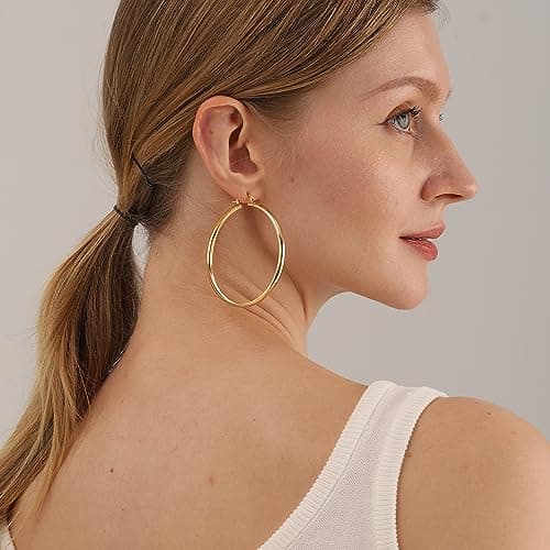 4mm Thick Gold Chunky Earrings Steling Silver Post Hoops Earrings For Women Hollow Tube Hoops Earrings Thick Golden Hoop Earrings Hypoallergenic Lightweight Gold Hoop Large Earrings 20/30/40/50/60MM — view 7