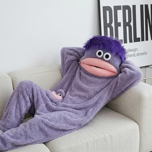 Metaparty Big Mouth Onesie Adults,Funny Onesie Pajamas,Cozy Plush One Piece Sleepwear, Funny Couple Loungewear (CA/US, Alpha, X-Large, Regular, Regular, Purple) — view 4