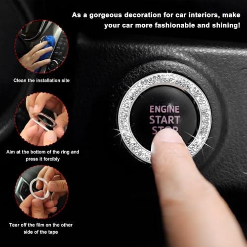 CCHRN Car Bling Engine Start Ring Decals, Crystal Rhinestone Push Start Button Decorative Ring, Universal Sparkling Key Ignition Knob Cover for Women Girls, Car Accessories (White) — view 3