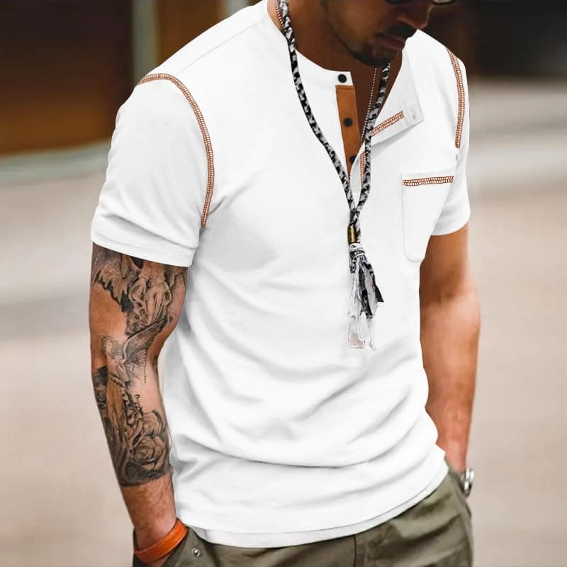 Camiseta Henley de manga corta con costuras de contraste para hombre, con bolsillo en el pecho para uso diario — view 2