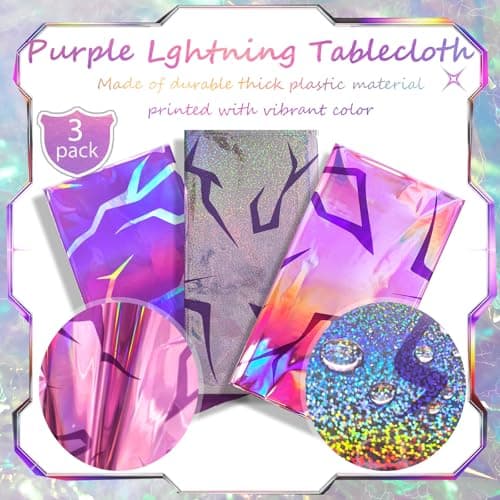 OQOQ Demon Purple Tablecloth (3 Packs), 108x54 Inches Sparkling Holographic Laser Purple Lightning Pattern Disposable Table Cover for Korean Idol Movie Girls Birthday Party Graduation Decorations — view 3