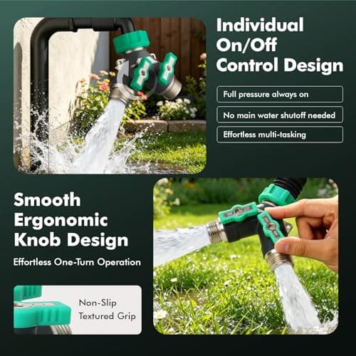 Restmo Heavy Duty 2 Way Y Garden Hose Splitter, Full Metal Body Full Flow Hose Splitter with Oversized Ball Valve, Extended Lever 3/4" GHT Outdoor Faucet Spigot Adapter for Garden Watering RV, Green — view 3