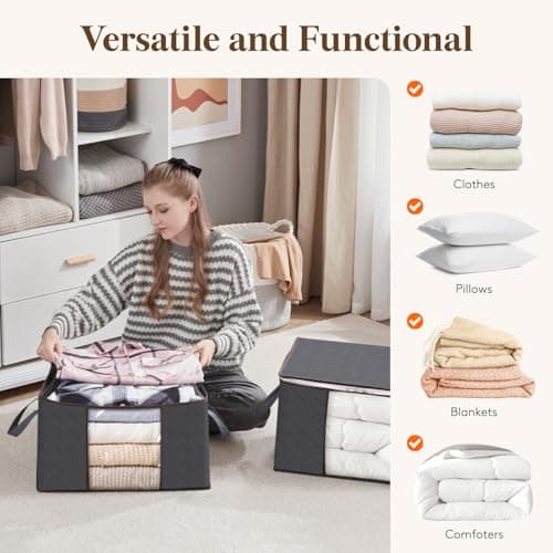 Lifewit 2 Pack 60L Clothes Storage Bins with Lids, Foldable Blanket Storage Bags with Zippers, Clear Window and Reinforced Handles, Closet and Organization for Clothing, Sweater, Comforter, Bedding — view 5