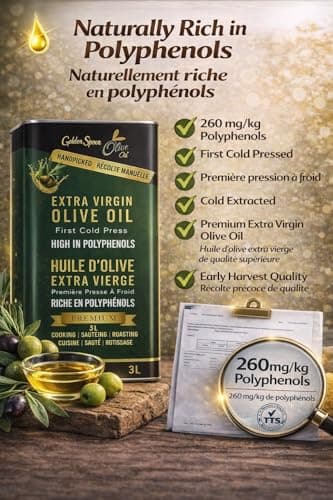 Golden Spoon Premium Extra Virgin Olive Oil 3L - Gold Medal Winner - Low Acidity (0.18%) – Cold Pressed from Chemlali olives (a traditional Tunisian variety), Rich in Polyphenols – Smooth, Fruity Taste - 100% Pure & Natural - 0% Cholesterol - Mediterranean Quality - Support Local Canadian Business – Everyday Use — view 2