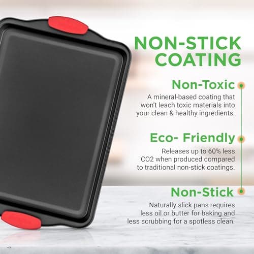 NutriChef 3‑Piece Nonstick Cookie Sheets – Carbon Steel Baking Sheet Set with Non Stick Coating & Red Silicone Handles – Oven Pans for Family Baking — view 3