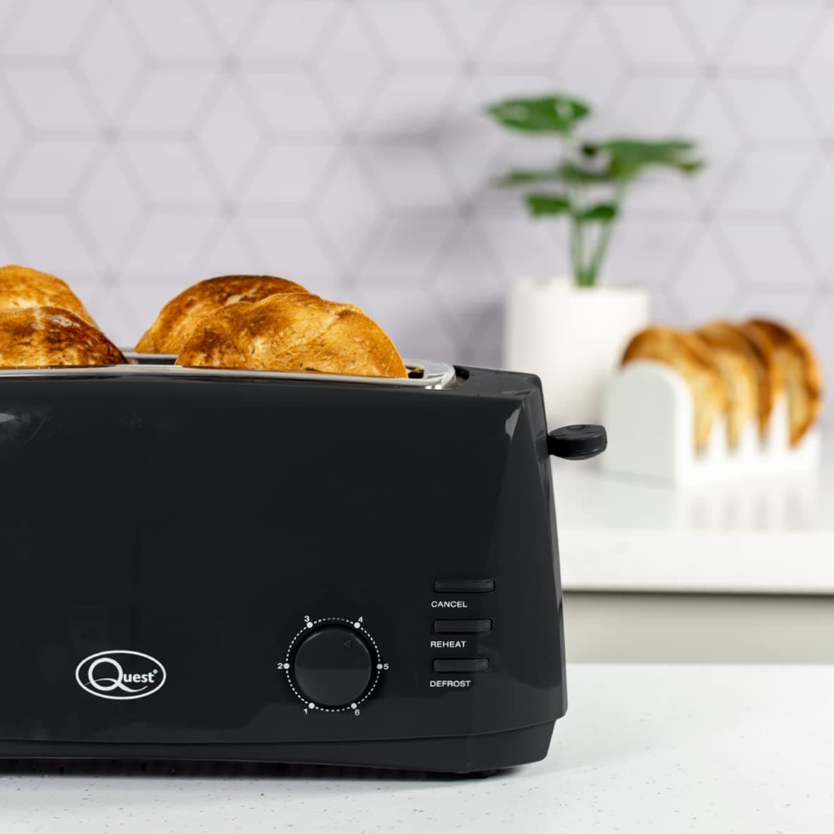 Quest 4 Slice Toaster Black - Extra Wide Long Slots for Crumpets and Bagels - 6 Settings - Reheat and Defrost — view 7