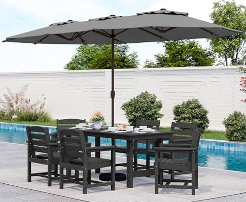 SERWALL 8-Pc HDPE Dining Set, 1 Table, 1 Umbrella & 6 Chairs, Black