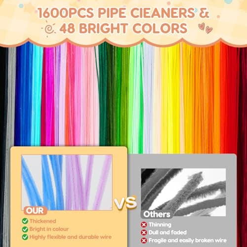 1600 PCS Pipe Cleaners, Pipe Cleaners Bulk 48 Colors, Chenille Stems for Flowers DIY Art Creative Crafts Decorations Colorful Thick Pipe Cleaners Craft Supplies for Christmas Halloween Birthday Gift — view 3