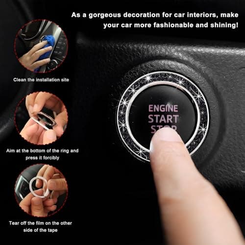 CCHRN Car Bling Engine Start Ring Decals, Crystal Rhinestone Push Start Button Decorative Ring, Universal Sparkling Key Ignition Knob Cover for Women Girls, Car Accessories (Black) — view 3