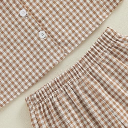 Toddler Baby Girl Clothes Summer Outfit Plaid Gingham Short Sleeve Shirt Sleeveless Tank Tops Pants Set (A6 Khaki, 2-3T) — view 4