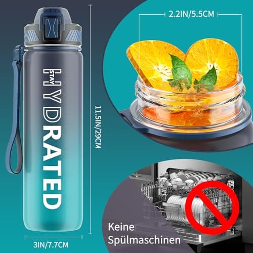 QLUR Water Bottle with Straw, 32oz Sports Motivational Water Bottle with Time Markings to Drink & Carry Strap & Clean Brush, 1L, Tritan, BPA Free, LeakProof for Women Men Gym Fitness Outdoor (1 Pack) — view 5