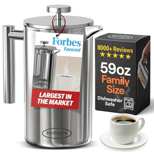 SterlingPro Extra Large Insulated Stainless Steel French Press Coffee Maker 59oz – Insulated Metal XL Double Wall Coffee Maker | Plastic Free | Cool-Touch | Mirror Finish | Makes up to 16 Cups /8 Mugs