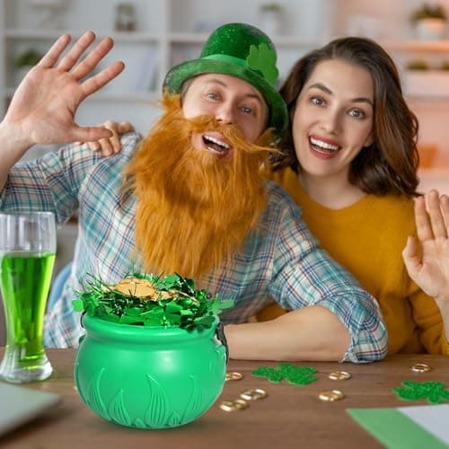 252Pcs St.Patrick's Day Green Pot Set 5.7" St Patrick’s Day Leprechaun Plastic Cauldron Bucket with Shamrock Coins Gems Shamrock Garland & Sequins for St. Patrick's Day Party Decor — view 2