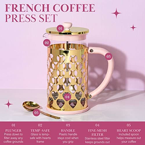 Paris Hilton French Press Coffee Maker With Heart Shaped Measuring Scoop, 2-Piece Set, 8-Cup or 34-Ounce, Pink — view 2