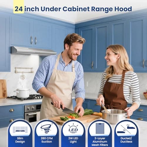 Zomagas 24 inch Range Hood Under Cabinet, Stainless Steel Range Hood 280CFM, Slim Kitchen Stove Hood w/Push Button, Ducted/Ductless Convertible, 3 Speeds Exhaust Fan, LED Light and Carbon Filter
