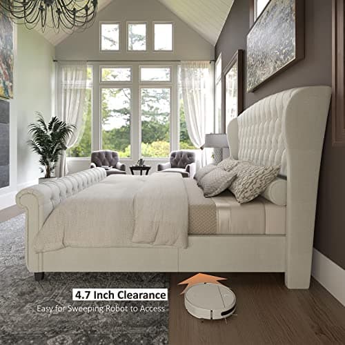 AMERLIFE King Size Platform Bed Frame, Chenille Upholstered Sleigh Bed with Scroll Wingback Headboard & Footboard/Button Tufted/No Box Spring Required/Cream — view 7