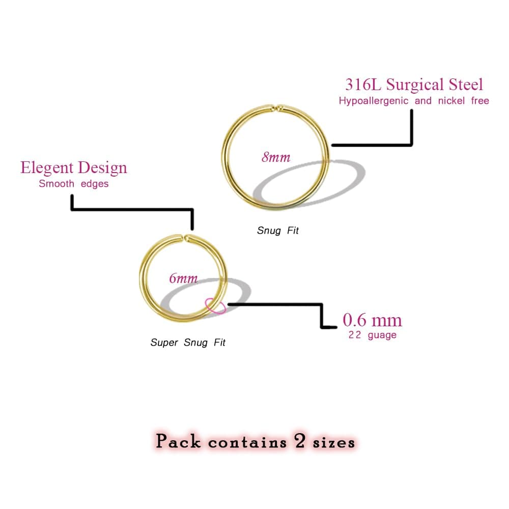 2pcs Gold Nose Ring Piercing Jewellery for Women, Nose hoops Snug and Super Snug Nose Ear Lip ring Tragus Septum 6mm+ 8mm 20g & 22g 316L Surgical Steel Hypoallergenic — view 2
