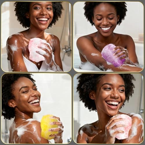 UJFQBH 3 Pieces African Bath Sponge African Net Long Net Bath Sponge Exfoliating Shower Body Scrubber Back Scrubber Skin Smoother,Great for Daily Use (Pink,Yellow,Purple) — view 6