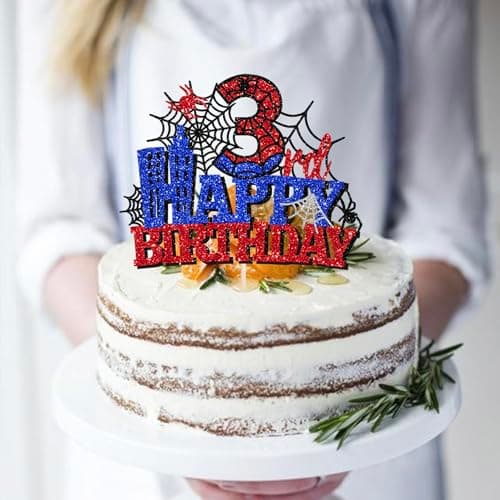 YCTHUNFISH 1 PCS Happy 3th Birthday Cake Topper Spider Web Cheers to 3 Years Third Birthday Cake Pick Superhero Spider Party Decorations for kids Happy 3th Birthday Party Cake Decorations Supplies — view 4