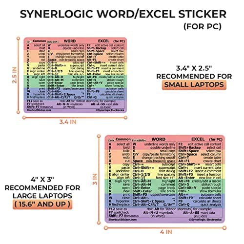 Synerlogic Word/Excel Windows Shortcut Sticker | Reference Guide Keyboard Shortcuts | Work from Home Essentials | Excel Shortcuts Cheat Sheet Laminated Vinyl (Rainbow/Small) — view 3