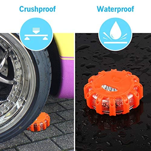 AK [4 Pack LED Road Flares Safety Flashing Warning Light Roadside Emergency Disc Beacon Kit for Vehicles Boats with Magnetic Base & Hook, Premium Storage Bag (Batteries Not Included) (4) — view 2