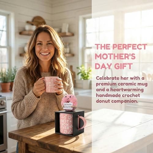 KyreDino Mothers Day Gifts, Best Mom Ever Gifts for Mom from Daughter, Pink Floral Embossed Pattern Mother's Day Mug and Handmade Donut Crochet Gifts Set