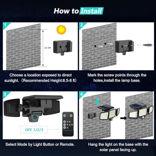 Solar Motion Sensor Outdoor Lights - 2500LM Bright LED Security Flood Light - Adjustable 3 Head Night Lighting Solar Powered IP65 Waterproof with Remote for Outside Garage Yard — view 5