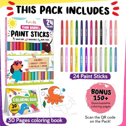 Funcils 24 Thin Tempera Paint Sticks for Kids Washable (Coloring Book incl) | Non-Toxic Markers for Toddlers 1-3 | Works on Paper, Canvas, Wood, Cardboard - Painting Crayons, Art and Craft Supplies