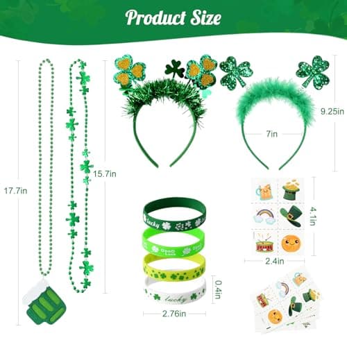 Yunfan 29Pack St Patricks Day Accessories St Patricks Day Decorations Green Shamrock Clover Necklaces Headbands Bracelets Tattoo Stickers for Leprechaun Costume Accessories Irish Party Supplies — view 2